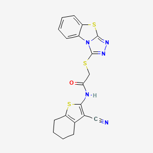 molecular formula C19H15N5OS3 B2541505 N-(3-氰基-4,5,6,7-四氢-1-苯并噻吩-2-基)-2-{7-噻-2,4,5-三氮杂三环[6.4.0.0^{2,6}]十二-1(8),3,5,9,11-五烯-3-基硫代}乙酰胺 CAS No. 304684-06-8