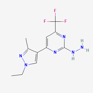 molecular formula C11H13F3N6 B2541663 4-(1-ethyl-3-methyl-1H-pyrazol-4-yl)-2-hydrazino-6-(trifluoromethyl)pyrimidine CAS No. 925580-06-9