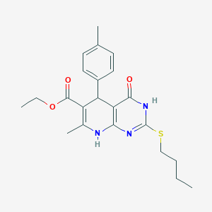 molecular formula C22H27N3O3S B2541696 ethyl 2-(butylsulfanyl)-7-methyl-5-(4-methylphenyl)-4-oxo-3H,4H,5H,8H-pyrido[2,3-d]pyrimidine-6-carboxylate CAS No. 878122-97-5