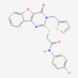 molecular formula C23H16ClN3O3S2 B2541880 N-(4-chlorophenyl)-2-({6-oxo-5-[(thiophen-2-yl)methyl]-8-oxa-3,5-diazatricyclo[7.4.0.0^{2,7}]trideca-1(9),2(7),3,10,12-pentaen-4-yl}sulfanyl)acetamide CAS No. 899941-64-1