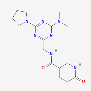 molecular formula C16H25N7O2 B2542066 N-((4-(dimethylamino)-6-(pyrrolidin-1-yl)-1,3,5-triazin-2-yl)methyl)-6-oxopiperidine-3-carboxamide CAS No. 2034406-63-6