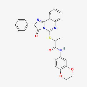 molecular formula C27H22N4O4S B2542456 N-(2,3-dihydro-1,4-benzodioxin-6-yl)-2-({3-oxo-2-phenyl-2H,3H-imidazo[1,2-c]quinazolin-5-yl}sulfanyl)propanamide CAS No. 1189430-79-2