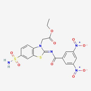 molecular formula C18H15N5O9S2 B2542600 ethyl 2-[(2Z)-2-[(3,5-dinitrobenzoyl)imino]-6-sulfamoyl-2,3-dihydro-1,3-benzothiazol-3-yl]acetate CAS No. 887210-92-6