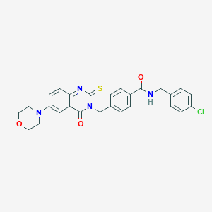 molecular formula C27H25ClN4O3S B2542665 N-[(4-chlorophenyl)methyl]-4-{[6-(morpholin-4-yl)-4-oxo-2-sulfanylidene-1,2,3,4-tetrahydroquinazolin-3-yl]methyl}benzamide CAS No. 689770-54-5