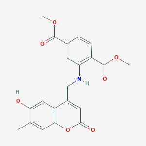 molecular formula C21H19NO7 B2542680 dimethyl 2-(((6-hydroxy-7-methyl-2-oxo-2H-chromen-4-yl)methyl)amino)terephthalate CAS No. 859108-16-0
