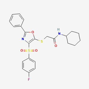 molecular formula C23H23FN2O4S2 B2542717 N-cyclohexyl-2-((4-((4-fluorophenyl)sulfonyl)-2-phenyloxazol-5-yl)thio)acetamide CAS No. 850926-02-2