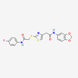 molecular formula C20H16FN3O4S2 B2542951 N-(benzo[d][1,3]dioxol-5-yl)-2-(2-((2-((4-fluorophenyl)amino)-2-oxoethyl)thio)thiazol-4-yl)acetamide CAS No. 941980-75-2