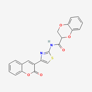 molecular formula C21H14N2O5S B2543158 N-(4-(2-oxo-2H-chromen-3-yl)thiazol-2-yl)-2,3-dihydrobenzo[b][1,4]dioxine-2-carboxamide CAS No. 681168-53-6