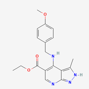 molecular formula C18H20N4O3 B2543275 ethyl 4-[(4-methoxybenzyl)amino]-3-methyl-1H-pyrazolo[3,4-b]pyridine-5-carboxylate CAS No. 860651-19-0