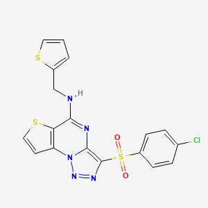 molecular formula C18H12ClN5O2S3 B2543547 10-(4-chlorobenzenesulfonyl)-N-[(thiophen-2-yl)methyl]-5-thia-1,8,11,12-tetraazatricyclo[7.3.0.0^{2,6}]dodeca-2(6),3,7,9,11-pentaen-7-amine CAS No. 892737-83-6