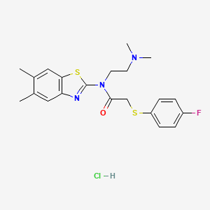 molecular formula C21H25ClFN3OS2 B2543621 N-(2-(dimethylamino)ethyl)-N-(5,6-dimethylbenzo[d]thiazol-2-yl)-2-((4-fluorophenyl)thio)acetamide hydrochloride CAS No. 1215669-68-3