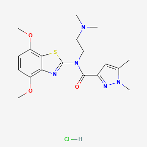 molecular formula C19H26ClN5O3S B2543634 N-(4,7-dimethoxy-1,3-benzothiazol-2-yl)-N-[2-(dimethylamino)ethyl]-1,5-dimethyl-1H-pyrazole-3-carboxamide hydrochloride CAS No. 1215504-76-9