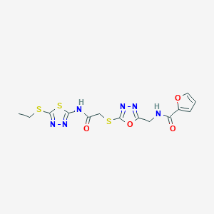 molecular formula C14H14N6O4S3 B2543686 N-({5-[({[5-(ethylsulfanyl)-1,3,4-thiadiazol-2-yl]carbamoyl}methyl)sulfanyl]-1,3,4-oxadiazol-2-yl}methyl)furan-2-carboxamide CAS No. 851862-09-4