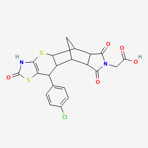 molecular formula C21H17ClN2O5S2 B2543804 [10-(4-chlorophenyl)-2,6,8-trioxo-3,4a,5,5a,6,8,8a,9,9a,10-decahydro-5,9-methano[1,3]thiazolo[5',4':5,6]thiopyrano[2,3-f]isoindol-7(2H)-yl]acetic acid CAS No. 1177776-41-8