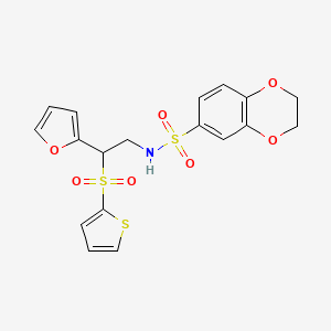 molecular formula C18H17NO7S3 B2544052 N-[2-(furan-2-yl)-2-(thiophene-2-sulfonyl)ethyl]-2,3-dihydro-1,4-benzodioxine-6-sulfonamide CAS No. 877817-13-5