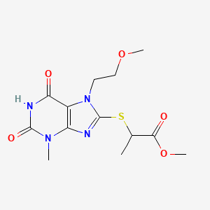 molecular formula C13H18N4O5S B2544188 Methyl 2-[7-(2-methoxyethyl)-3-methyl-2,6-dioxopurin-8-yl]sulfanylpropanoate CAS No. 333769-03-2