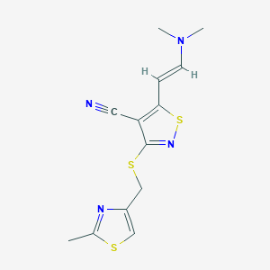 molecular formula C13H14N4S3 B2544189 5-[2-(Dimethylamino)vinyl]-3-{[(2-methyl-1,3-thiazol-4-yl)methyl]sulfanyl}-4-isothiazolecarbonitrile CAS No. 338778-83-9