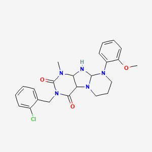 molecular formula C23H22ClN5O3 B2544392 3-[(2-chlorophenyl)methyl]-9-(2-methoxyphenyl)-1-methyl-1H,2H,3H,4H,6H,7H,8H,9H-pyrimido[1,2-g]purine-2,4-dione CAS No. 1321764-49-1
