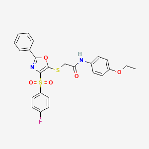 molecular formula C25H21FN2O5S2 B2544399 N-(4-ethoxyphenyl)-2-((4-((4-fluorophenyl)sulfonyl)-2-phenyloxazol-5-yl)thio)acetamide CAS No. 850925-99-4