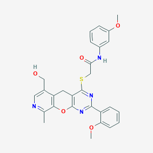molecular formula C28H26N4O5S B2544408 2-((6-(hydroxymethyl)-2-(2-methoxyphenyl)-9-methyl-5H-pyrido[4',3':5,6]pyrano[2,3-d]pyrimidin-4-yl)thio)-N-(3-methoxyphenyl)acetamide CAS No. 892380-12-0