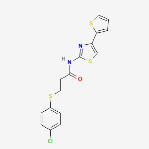 molecular formula C16H13ClN2OS3 B2544513 3-((4-chlorophenyl)thio)-N-(4-(thiophen-2-yl)thiazol-2-yl)propanamide CAS No. 895475-32-8