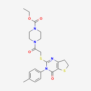molecular formula C22H26N4O4S2 B2544601 ethyl 4-(2-{[3-(4-methylphenyl)-4-oxo-3H,4H,6H,7H-thieno[3,2-d]pyrimidin-2-yl]sulfanyl}acetyl)piperazine-1-carboxylate CAS No. 686771-23-3