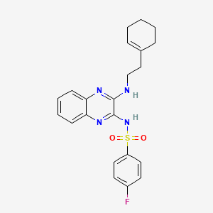 molecular formula C22H23FN4O2S B2544695 N-(3-((2-(cyclohex-1-en-1-yl)ethyl)amino)quinoxalin-2-yl)-4-fluorobenzenesulfonamide CAS No. 573693-94-4