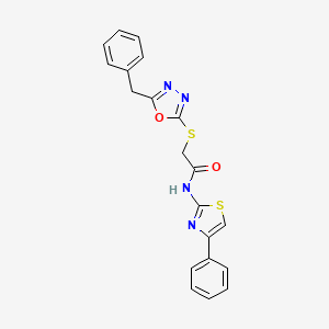molecular formula C20H16N4O2S2 B2544725 2-[(5-benzyl-1,3,4-oxadiazol-2-yl)sulfanyl]-N-(4-phenyl-1,3-thiazol-2-yl)acetamide CAS No. 336174-39-1