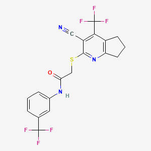 molecular formula C19H13F6N3OS B2544796 2-{[3-cyano-4-(trifluoromethyl)-5H,6H,7H-cyclopenta[b]pyridin-2-yl]sulfanyl}-N-[3-(trifluoromethyl)phenyl]acetamide CAS No. 626227-18-7