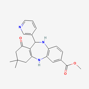 molecular formula C22H23N3O3 B2544810 methyl 14,14-dimethyl-12-oxo-10-(pyridin-3-yl)-2,9-diazatricyclo[9.4.0.0(3),?]pentadeca-1(11),3,5,7-tetraene-5-carboxylate CAS No. 851745-24-9