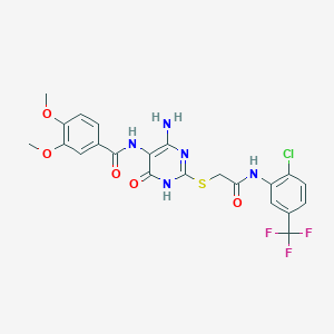 molecular formula C22H19ClF3N5O5S B2544827 N-(4-amino-2-((2-((2-chloro-5-(trifluoromethyl)phenyl)amino)-2-oxoethyl)thio)-6-oxo-1,6-dihydropyrimidin-5-yl)-3,4-dimethoxybenzamide CAS No. 868228-01-7