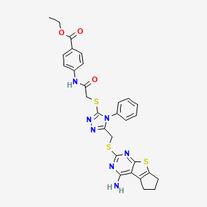 molecular formula C29H27N7O3S3 B2544890 ethyl 4-[2-({5-[({12-amino-7-thia-9,11-diazatricyclo[6.4.0.0^{2,6}]dodeca-1(8),2(6),9,11-tetraen-10-yl}sulfanyl)methyl]-4-phenyl-4H-1,2,4-triazol-3-yl}sulfanyl)acetamido]benzoate CAS No. 647819-59-8
