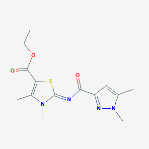 molecular formula C14H18N4O3S B2544921 ethyl 2-((1,5-dimethyl-1H-pyrazole-3-carbonyl)imino)-3,4-dimethyl-2,3-dihydrothiazole-5-carboxylate CAS No. 1173470-12-6