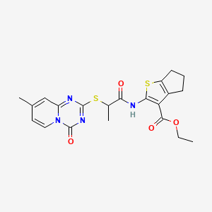 molecular formula C21H22N4O4S2 B2544933 ethyl 2-(2-((8-methyl-4-oxo-4H-pyrido[1,2-a][1,3,5]triazin-2-yl)thio)propanamido)-5,6-dihydro-4H-cyclopenta[b]thiophene-3-carboxylate CAS No. 896332-33-5