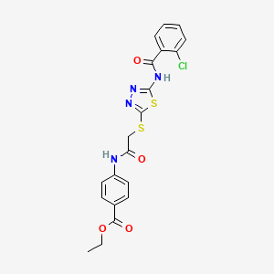 molecular formula C20H17ClN4O4S2 B2544976 ethyl 4-(2-{[5-(2-chlorobenzamido)-1,3,4-thiadiazol-2-yl]sulfanyl}acetamido)benzoate CAS No. 392293-13-9