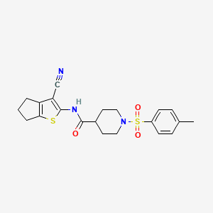 molecular formula C21H23N3O3S2 B2545611 N-(3-cyano-5,6-dihydro-4H-cyclopenta[b]thiophen-2-yl)-1-tosylpiperidine-4-carboxamide CAS No. 922461-53-8