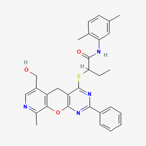 molecular formula C30H30N4O3S B2545767 N-(2,5-dimethylphenyl)-2-[[11-(hydroxymethyl)-14-methyl-5-phenyl-2-oxa-4,6,13-triazatricyclo[8.4.0.03,8]tetradeca-1(10),3(8),4,6,11,13-hexaen-7-yl]sulfanyl]butanamide CAS No. 892386-71-9