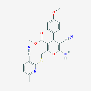 molecular formula C23H20N4O4S B2546265 methyl 6-amino-5-cyano-2-{[(3-cyano-6-methylpyridin-2-yl)sulfanyl]methyl}-4-(4-methoxyphenyl)-4H-pyran-3-carboxylate CAS No. 489416-89-9