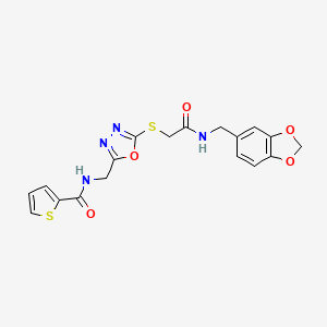 molecular formula C18H16N4O5S2 B2546387 N-({5-[({[(2H-1,3-BENZODIOXOL-5-YL)METHYL]CARBAMOYL}METHYL)SULFANYL]-1,3,4-OXADIAZOL-2-YL}METHYL)THIOPHENE-2-CARBOXAMIDE CAS No. 851861-90-0