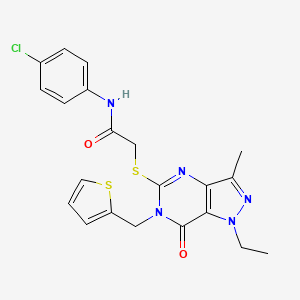 molecular formula C21H20ClN5O2S2 B2546398 N-(4-chlorophenyl)-2-({1-ethyl-3-methyl-7-oxo-6-[(thiophen-2-yl)methyl]-1H,6H,7H-pyrazolo[4,3-d]pyrimidin-5-yl}sulfanyl)acetamide CAS No. 1358262-08-4