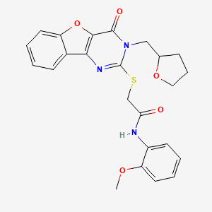 molecular formula C24H23N3O5S B2546425 N-(2-methoxyphenyl)-2-({6-oxo-5-[(oxolan-2-yl)methyl]-8-oxa-3,5-diazatricyclo[7.4.0.0^{2,7}]trideca-1(9),2(7),3,10,12-pentaen-4-yl}sulfanyl)acetamide CAS No. 899941-90-3