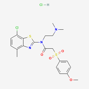 molecular formula C21H25Cl2N3O4S2 B2546472 N-(7-chloro-4-methyl-1,3-benzothiazol-2-yl)-N-[2-(dimethylamino)ethyl]-2-(4-methoxyphenyl)sulfonylacetamide;hydrochloride CAS No. 1215825-43-6