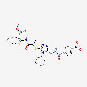 molecular formula C29H34N6O6S2 B2546526 ethyl 2-(2-((4-cyclohexyl-5-((4-nitrobenzamido)methyl)-4H-1,2,4-triazol-3-yl)thio)propanamido)-5,6-dihydro-4H-cyclopenta[b]thiophene-3-carboxylate CAS No. 393815-00-4
