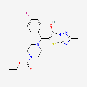 molecular formula C19H22FN5O3S B2546530 ethyl 4-[(4-fluorophenyl)({6-hydroxy-2-methyl-[1,2,4]triazolo[3,2-b][1,3]thiazol-5-yl})methyl]piperazine-1-carboxylate CAS No. 851810-79-2