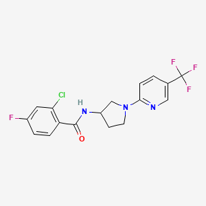 molecular formula C17H14ClF4N3O B2546764 2-氯-4-氟-N-[1-[5-(三氟甲基)吡啶-2-基]吡咯烷-3-基]苯甲酰胺 CAS No. 1797860-17-3