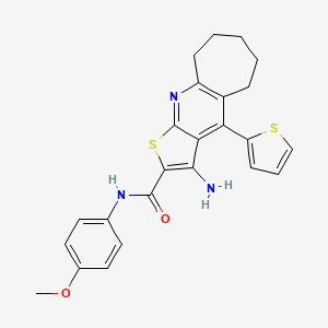 molecular formula C24H23N3O2S2 B2546766 3-amino-N-(4-methoxyphenyl)-4-(thiophen-2-yl)-6,7,8,9-tetrahydro-5H-cyclohepta[b]thieno[3,2-e]pyridine-2-carboxamide CAS No. 434296-47-6