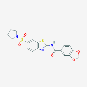 molecular formula C19H17N3O5S2 B254702 N-[6-(PYRROLIDINE-1-SULFONYL)-1,3-BENZOTHIAZOL-2-YL]-2H-1,3-BENZODIOXOLE-5-CARBOXAMIDE 