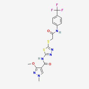 molecular formula C17H15F3N6O3S2 B2547103 3-methoxy-1-methyl-N-(5-((2-oxo-2-((4-(trifluoromethyl)phenyl)amino)ethyl)thio)-1,3,4-thiadiazol-2-yl)-1H-pyrazole-4-carboxamide CAS No. 1170792-97-8