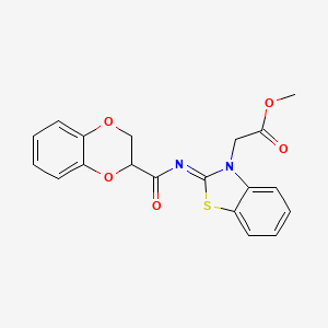 molecular formula C19H16N2O5S B2547142 Methyl 2-[2-(2,3-dihydro-1,4-benzodioxine-3-carbonylimino)-1,3-benzothiazol-3-yl]acetate CAS No. 897734-15-5
