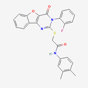 N-(3,4-dimethylphenyl)-2-{[5-(2-fluorophenyl)-6-oxo-8-oxa-3,5-diazatricyclo[7.4.0.0^{2,7}]trideca-1(9),2(7),3,10,12-pentaen-4-yl]sulfanyl}acetamide
